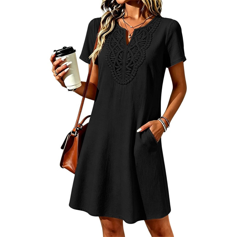 Vestido tipo camiseta de mujer con escote en V y encaje de estilo bohemio