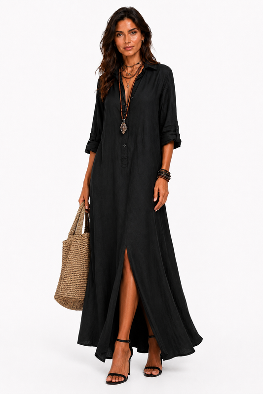 Marta™ | Vestido largo negro tipo maxi con botones