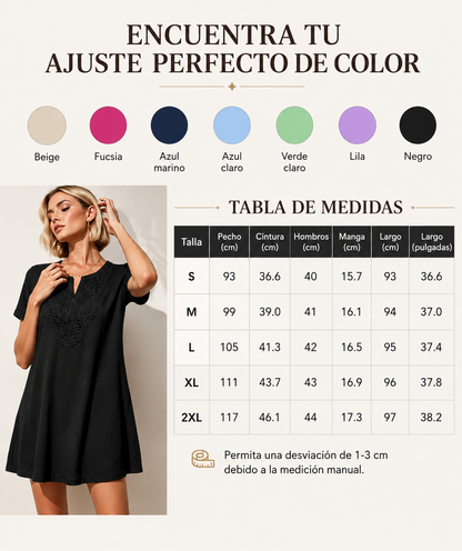 Vestido tipo camiseta de mujer con escote en V y encaje de estilo bohemio
