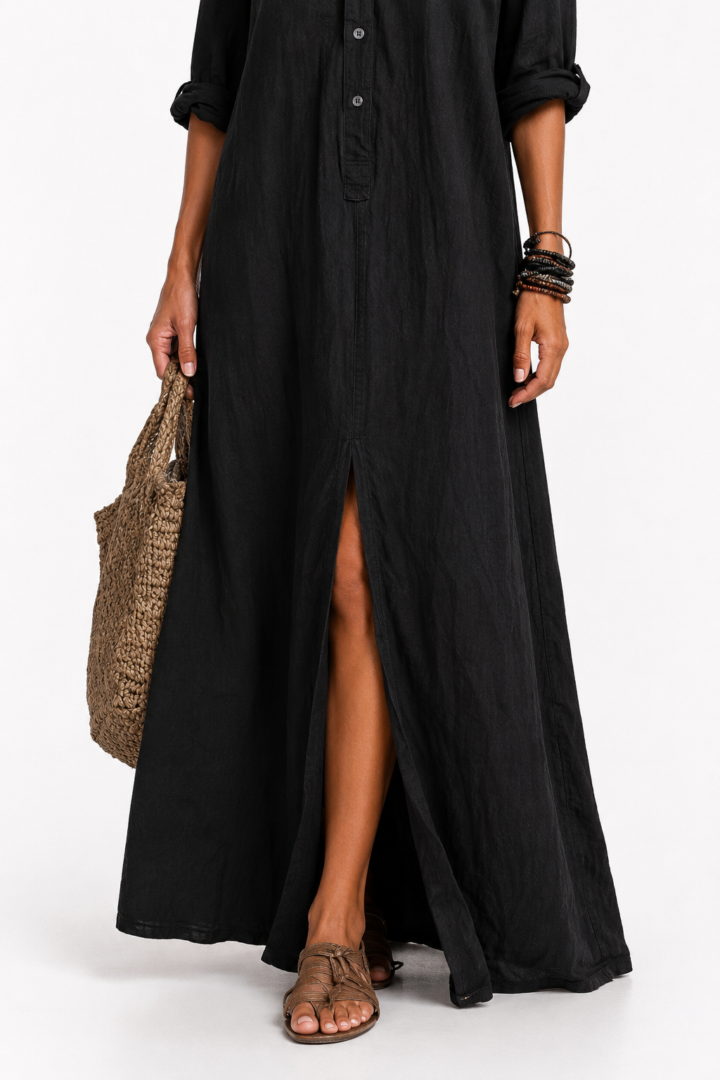 Marta™ | Vestido largo negro tipo maxi con botones