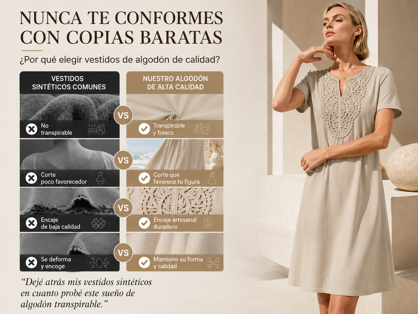 Vestido tipo camiseta de mujer con escote en V y encaje de estilo bohemio