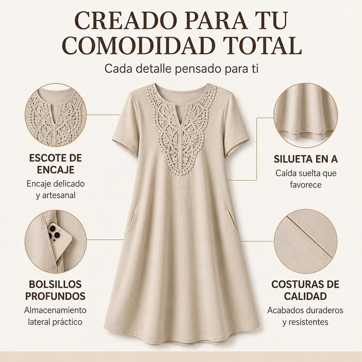 Vestido tipo camiseta de mujer con escote en V y encaje de estilo bohemio