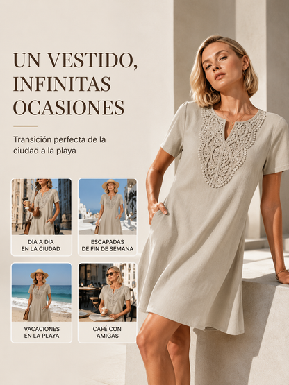 Vestido tipo camiseta de mujer con escote en V y encaje de estilo bohemio