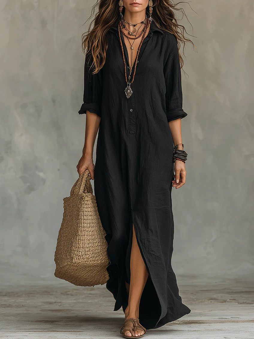 Marta™ | Vestido largo negro tipo maxi con botones