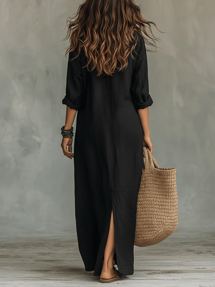 Marta™ | Vestido largo negro tipo maxi con botones