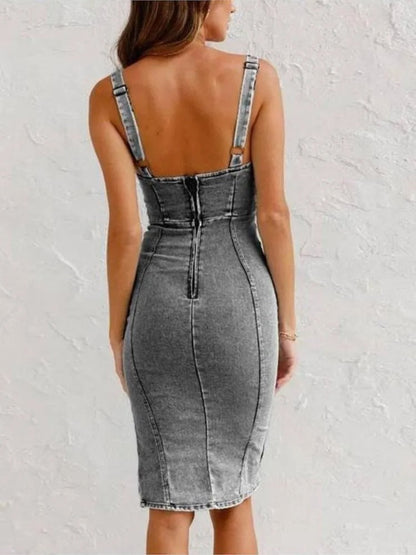 Vestido Vaquero Midi Ajustado con Cremallera Delantera – Denim Elegance