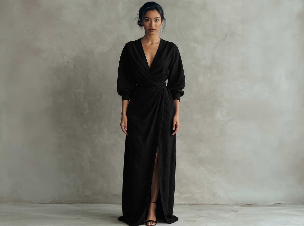 Vestido Maxi Minimalista Rosa con escote en V de lino mezclado para Mujer