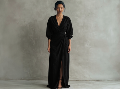 Vestido Maxi Minimalista Rosa con escote en V de lino mezclado para Mujer