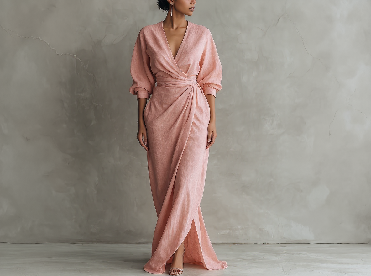 Vestido Maxi Minimalista Rosa con escote en V de lino mezclado para Mujer