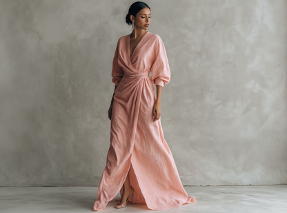 Vestido Maxi Minimalista Rosa con escote en V de lino mezclado para Mujer