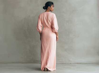 Vestido Maxi Minimalista Rosa con escote en V de lino mezclado para Mujer
