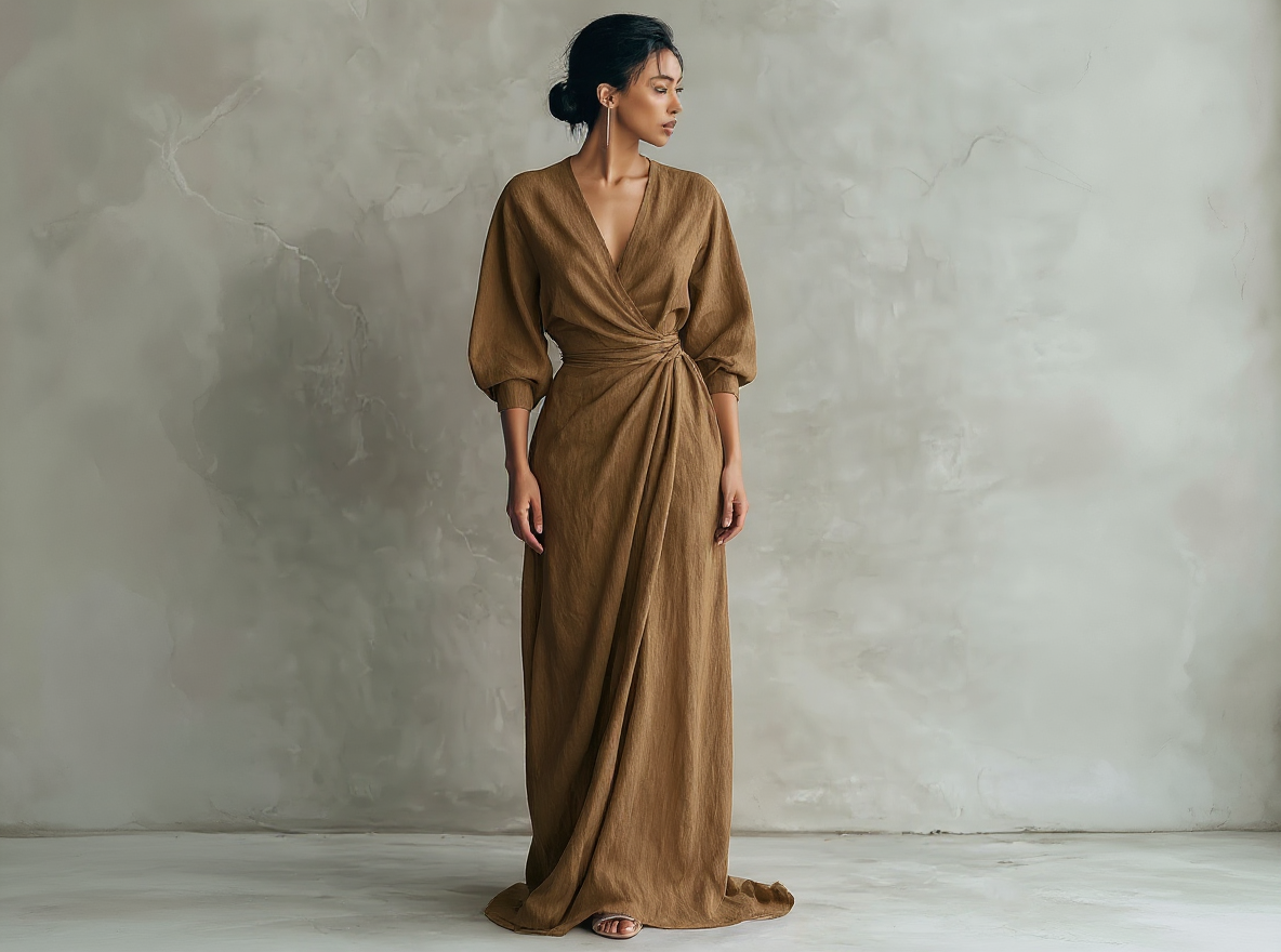 Vestido Maxi Minimalista Rosa con escote en V de lino mezclado para Mujer