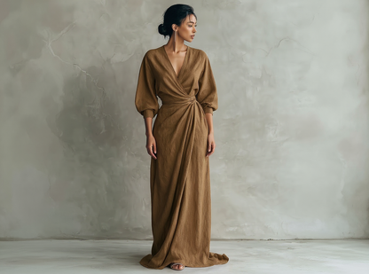 Vestido Maxi Minimalista Rosa con escote en V de lino mezclado para Mujer