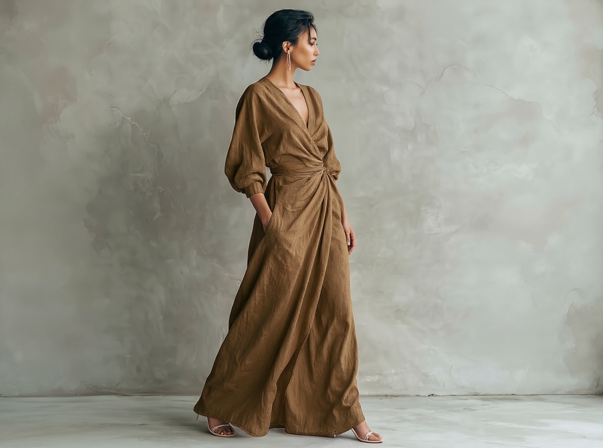 Vestido Maxi Minimalista Rosa con escote en V de lino mezclado para Mujer