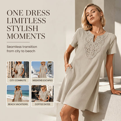 Vestido tipo camiseta de mujer con escote en V y encaje de estilo bohemio