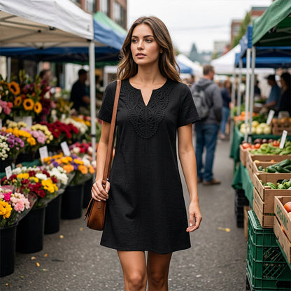 Vestido tipo camiseta de mujer con escote en V y encaje de estilo bohemio