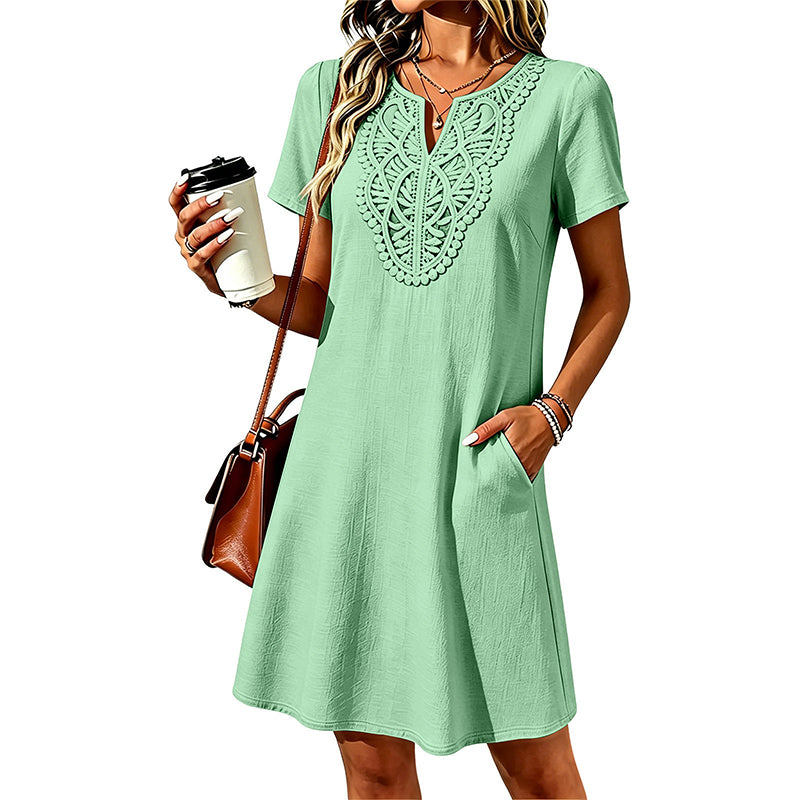 Vestido tipo camiseta de mujer con escote en V y encaje de estilo bohemio