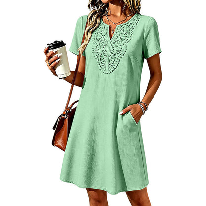 Vestido tipo camiseta de mujer con escote en V y encaje de estilo bohemio