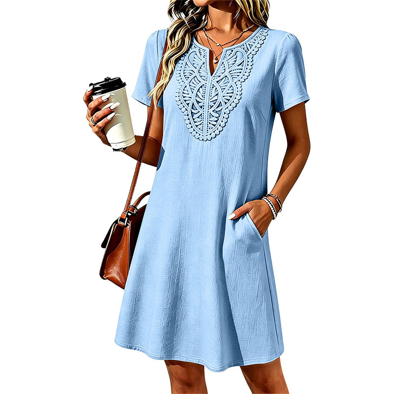Vestido tipo camiseta de mujer con escote en V y encaje de estilo bohemio