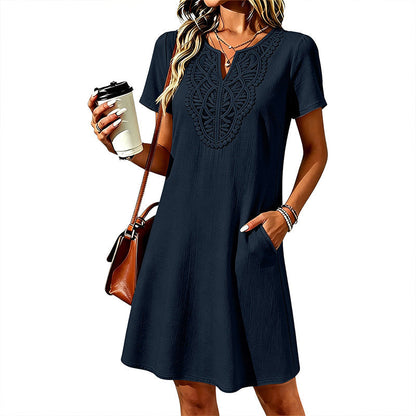 Vestido tipo camiseta de mujer con escote en V y encaje de estilo bohemio