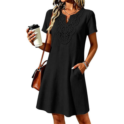Vestido tipo camiseta de mujer con escote en V y encaje de estilo bohemio